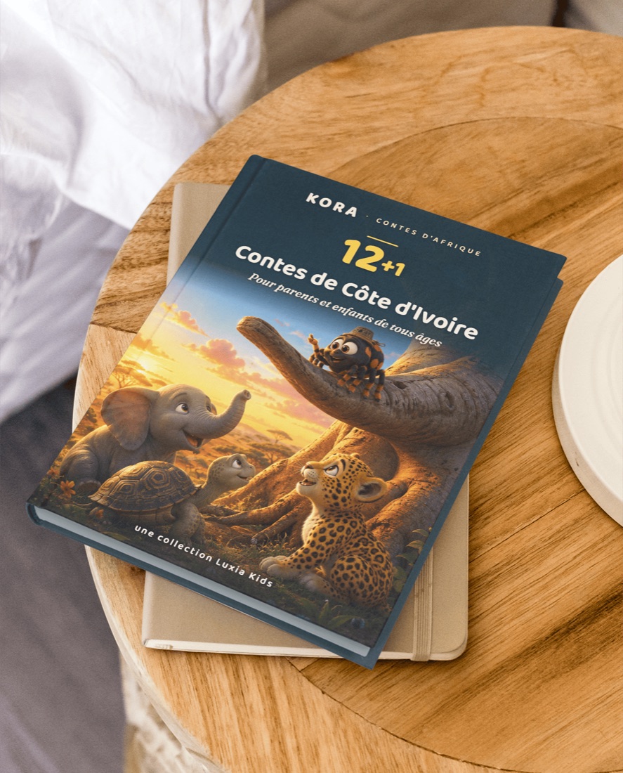 Le livre Kora sur une table de chevet, le soir